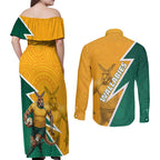 Australia Wallabies Kangaroo Couples Matching Off Shoulder Maxi Dress and Long Sleeve Button Shirt Australia Flag And Lightning Bolt - Aboriginal Rugby Mascot