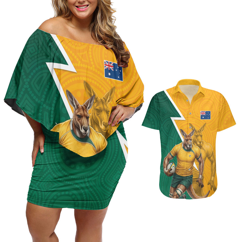 Australia Wallabies Kangaroo Couples Matching Off Shoulder Short Dress and Hawaiian Shirt Australia Flag And Lightning Bolt - Aboriginal Rugby Mascot