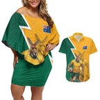 Australia Wallabies Kangaroo Couples Matching Off Shoulder Short Dress and Hawaiian Shirt Australia Flag And Lightning Bolt - Aboriginal Rugby Mascot