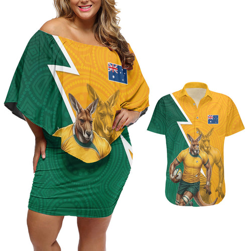 Australia Wallabies Kangaroo Couples Matching Off Shoulder Short Dress and Hawaiian Shirt Australia Flag And Lightning Bolt - Aboriginal Rugby Mascot