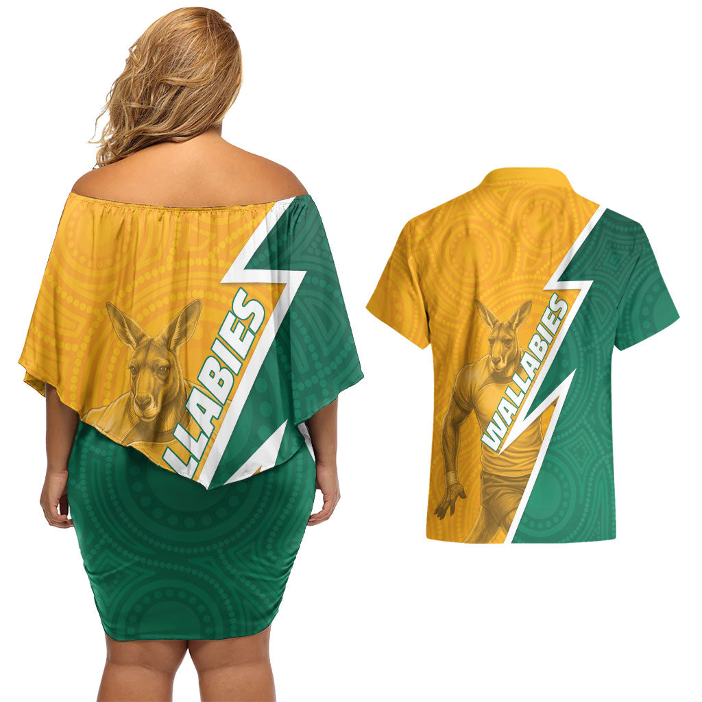 Australia Wallabies Kangaroo Couples Matching Off Shoulder Short Dress and Hawaiian Shirt Australia Flag And Lightning Bolt - Aboriginal Rugby Mascot
