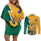 Australia Wallabies Kangaroo Couples Matching Off Shoulder Short Dress and Long Sleeve Button Shirt Australia Flag And Lightning Bolt - Aboriginal Rugby Mascot