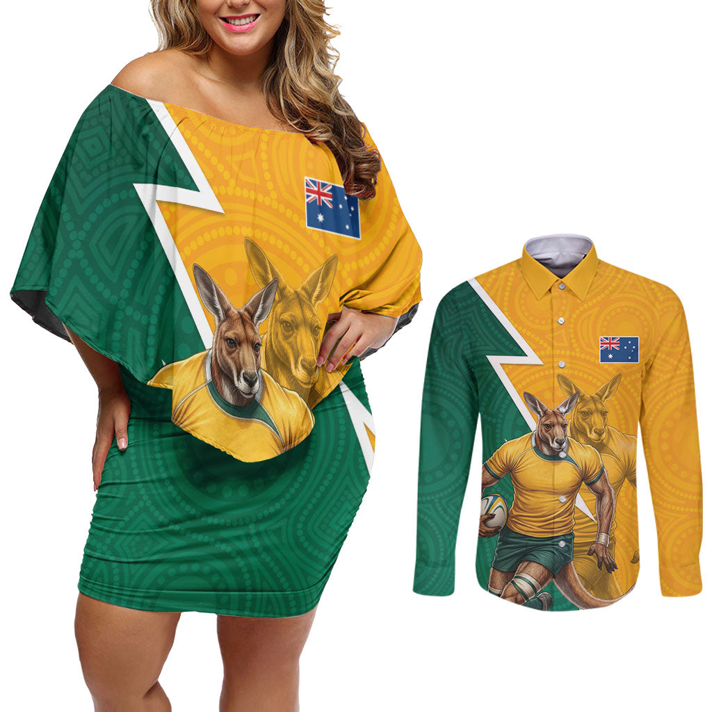 Australia Wallabies Kangaroo Couples Matching Off Shoulder Short Dress and Long Sleeve Button Shirt Australia Flag And Lightning Bolt - Aboriginal Rugby Mascot