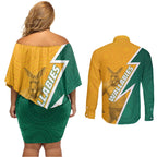 Australia Wallabies Kangaroo Couples Matching Off Shoulder Short Dress and Long Sleeve Button Shirt Australia Flag And Lightning Bolt - Aboriginal Rugby Mascot
