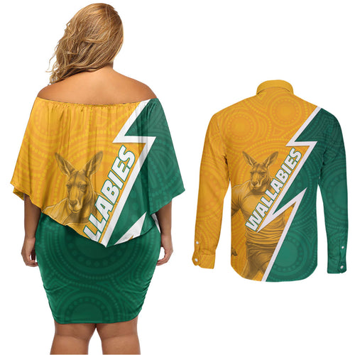 Australia Wallabies Kangaroo Couples Matching Off Shoulder Short Dress and Long Sleeve Button Shirt Australia Flag And Lightning Bolt - Aboriginal Rugby Mascot