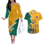 Australia Wallabies Kangaroo Couples Matching Off The Shoulder Long Sleeve Dress and Hawaiian Shirt Australia Flag And Lightning Bolt - Aboriginal Rugby Mascot