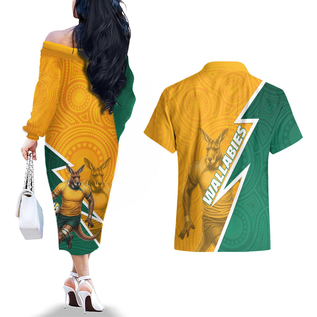Australia Wallabies Kangaroo Couples Matching Off The Shoulder Long Sleeve Dress and Hawaiian Shirt Australia Flag And Lightning Bolt - Aboriginal Rugby Mascot