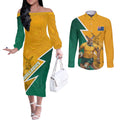 Australia Wallabies Kangaroo Couples Matching Off The Shoulder Long Sleeve Dress and Long Sleeve Button Shirt Australia Flag And Lightning Bolt - Aboriginal Rugby Mascot