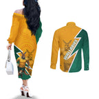 Australia Wallabies Kangaroo Couples Matching Off The Shoulder Long Sleeve Dress and Long Sleeve Button Shirt Australia Flag And Lightning Bolt - Aboriginal Rugby Mascot