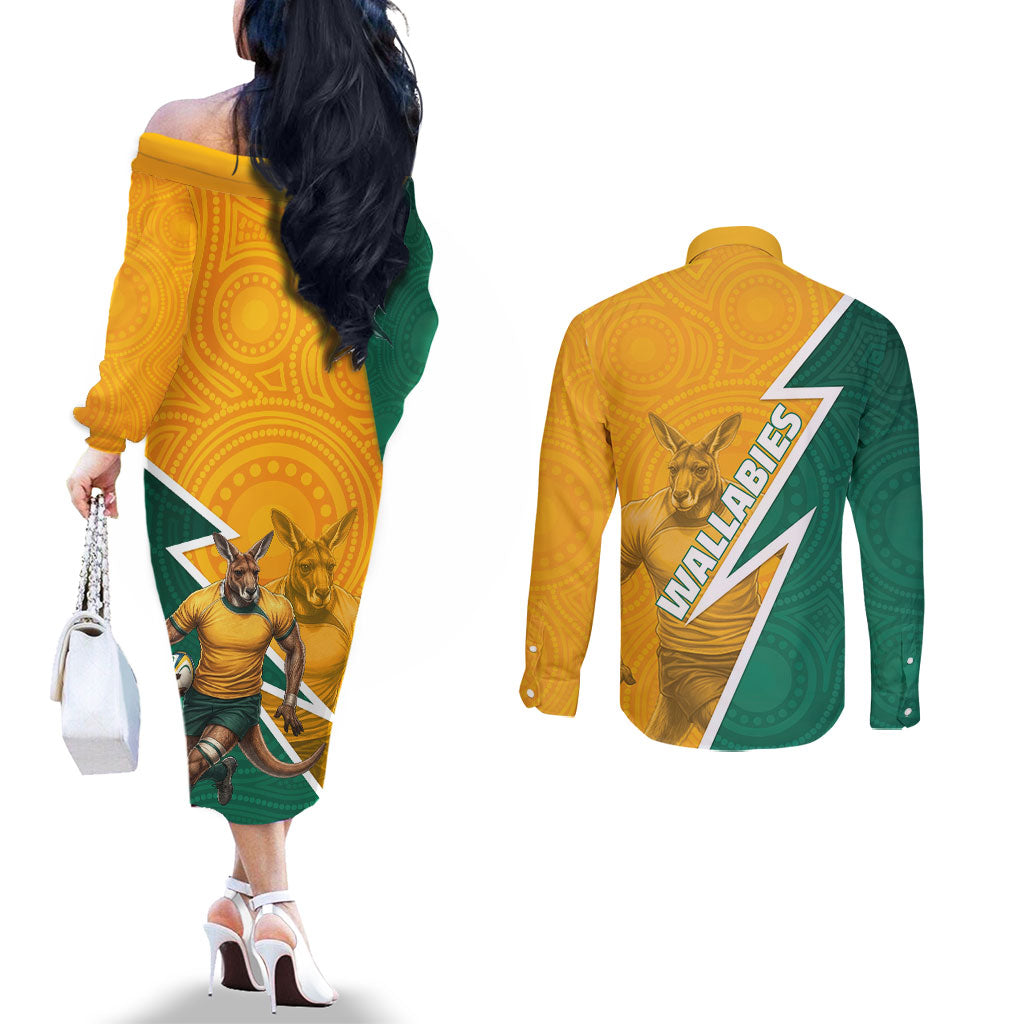 Australia Wallabies Kangaroo Couples Matching Off The Shoulder Long Sleeve Dress and Long Sleeve Button Shirt Australia Flag And Lightning Bolt - Aboriginal Rugby Mascot