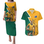 Australia Wallabies Kangaroo Couples Matching Puletasi and Hawaiian Shirt Australia Flag And Lightning Bolt - Aboriginal Rugby Mascot