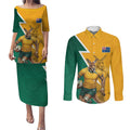 Australia Wallabies Kangaroo Couples Matching Puletasi and Long Sleeve Button Shirt Australia Flag And Lightning Bolt - Aboriginal Rugby Mascot