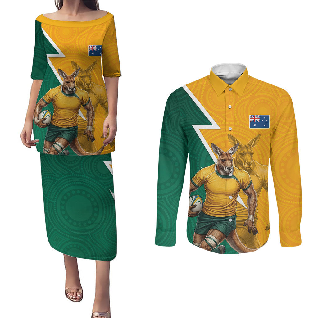 Australia Wallabies Kangaroo Couples Matching Puletasi and Long Sleeve Button Shirt Australia Flag And Lightning Bolt - Aboriginal Rugby Mascot