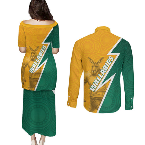 Australia Wallabies Kangaroo Couples Matching Puletasi and Long Sleeve Button Shirt Australia Flag And Lightning Bolt - Aboriginal Rugby Mascot