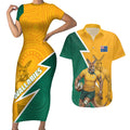 Australia Wallabies Kangaroo Couples Matching Short Sleeve Bodycon Dress and Hawaiian Shirt Australia Flag And Lightning Bolt - Aboriginal Rugby Mascot