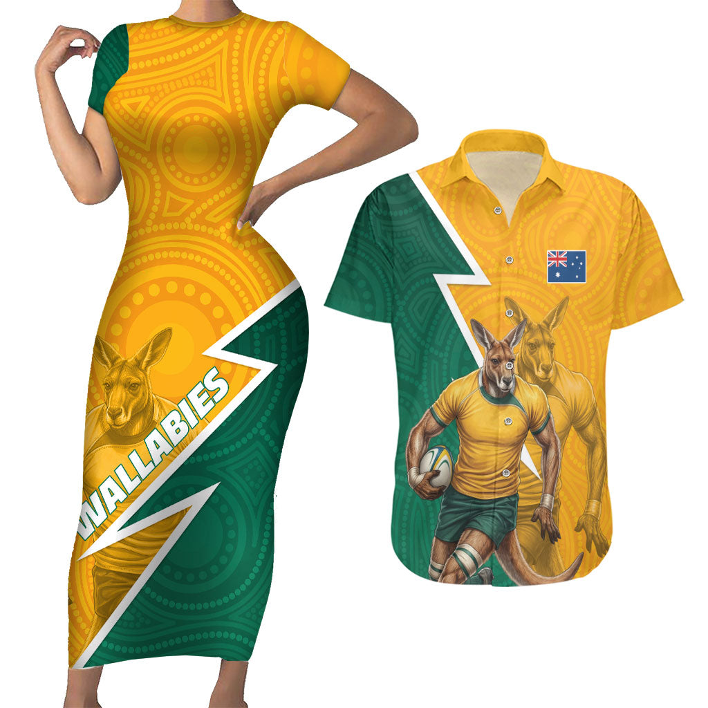 Australia Wallabies Kangaroo Couples Matching Short Sleeve Bodycon Dress and Hawaiian Shirt Australia Flag And Lightning Bolt - Aboriginal Rugby Mascot