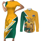 Australia Wallabies Kangaroo Couples Matching Short Sleeve Bodycon Dress and Long Sleeve Button Shirt Australia Flag And Lightning Bolt - Aboriginal Rugby Mascot