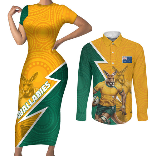 Australia Wallabies Kangaroo Couples Matching Short Sleeve Bodycon Dress and Long Sleeve Button Shirt Australia Flag And Lightning Bolt - Aboriginal Rugby Mascot