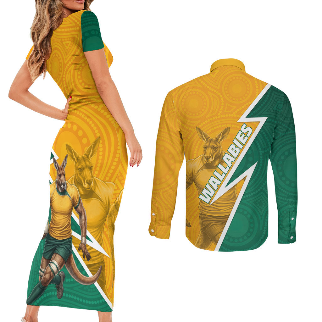 Australia Wallabies Kangaroo Couples Matching Short Sleeve Bodycon Dress and Long Sleeve Button Shirt Australia Flag And Lightning Bolt - Aboriginal Rugby Mascot