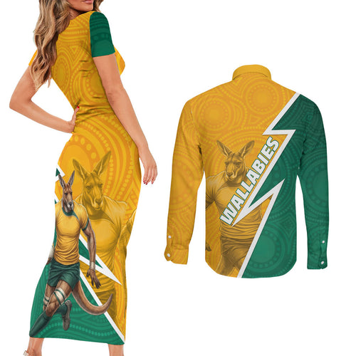 Australia Wallabies Kangaroo Couples Matching Short Sleeve Bodycon Dress and Long Sleeve Button Shirt Australia Flag And Lightning Bolt - Aboriginal Rugby Mascot