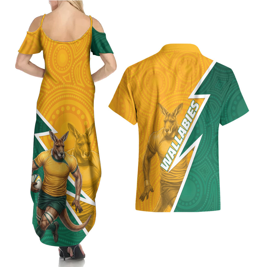 Australia Wallabies Kangaroo Couples Matching Summer Maxi Dress and Hawaiian Shirt Australia Flag And Lightning Bolt - Aboriginal Rugby Mascot