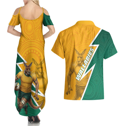 Australia Wallabies Kangaroo Couples Matching Summer Maxi Dress and Hawaiian Shirt Australia Flag And Lightning Bolt - Aboriginal Rugby Mascot