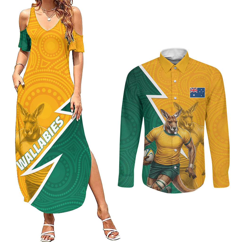 Australia Wallabies Kangaroo Couples Matching Summer Maxi Dress and Long Sleeve Button Shirt Australia Flag And Lightning Bolt - Aboriginal Rugby Mascot