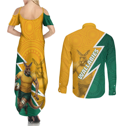 Australia Wallabies Kangaroo Couples Matching Summer Maxi Dress and Long Sleeve Button Shirt Australia Flag And Lightning Bolt - Aboriginal Rugby Mascot