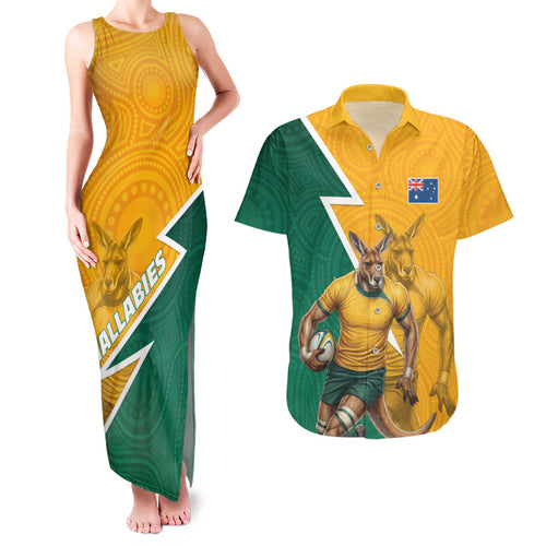 Australia Wallabies Kangaroo Couples Matching Tank Maxi Dress and Hawaiian Shirt Australia Flag And Lightning Bolt - Aboriginal Rugby Mascot