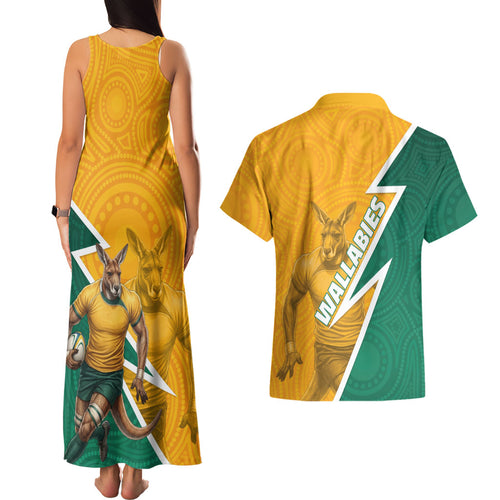 Australia Wallabies Kangaroo Couples Matching Tank Maxi Dress and Hawaiian Shirt Australia Flag And Lightning Bolt - Aboriginal Rugby Mascot