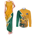 Australia Wallabies Kangaroo Couples Matching Tank Maxi Dress and Long Sleeve Button Shirt Australia Flag And Lightning Bolt - Aboriginal Rugby Mascot
