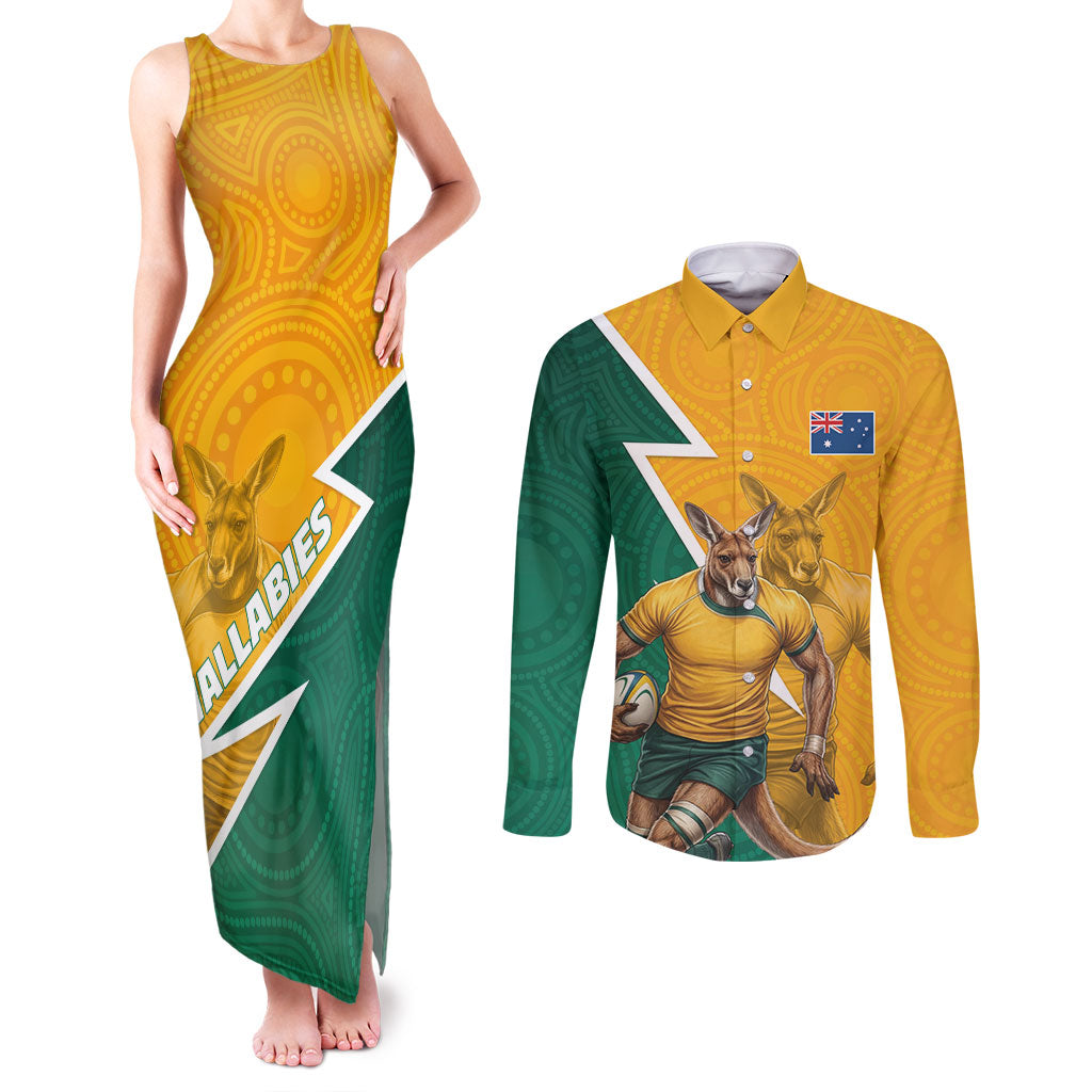 Australia Wallabies Kangaroo Couples Matching Tank Maxi Dress and Long Sleeve Button Shirt Australia Flag And Lightning Bolt - Aboriginal Rugby Mascot