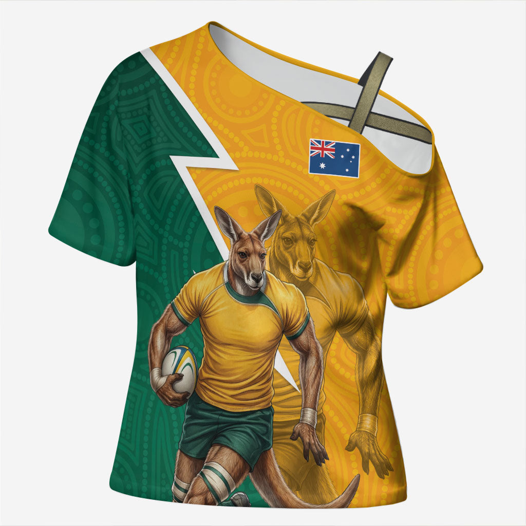 Australia Wallabies Kangaroo Cross Shoulder Shirt Australia Flag And Lightning Bolt - Aboriginal Rugby Mascot