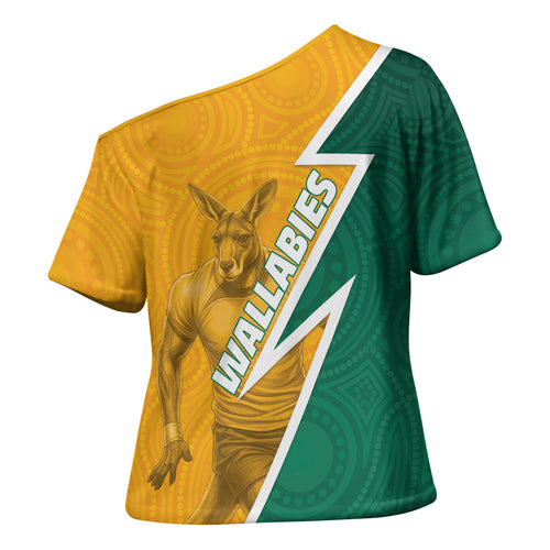 Australia Wallabies Kangaroo Cross Shoulder Shirt Australia Flag And Lightning Bolt - Aboriginal Rugby Mascot