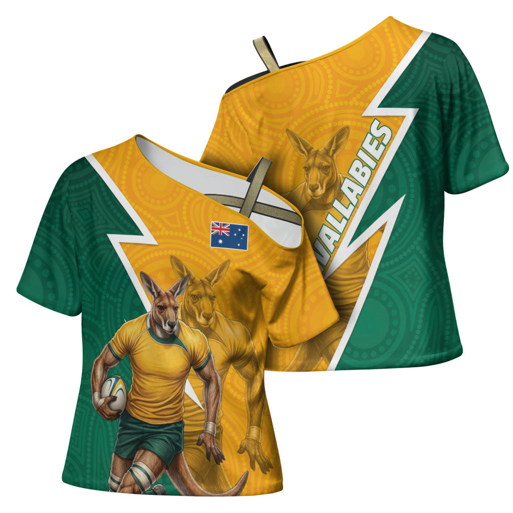 Australia Wallabies Kangaroo Cross Shoulder Shirt Australia Flag And Lightning Bolt - Aboriginal Rugby Mascot