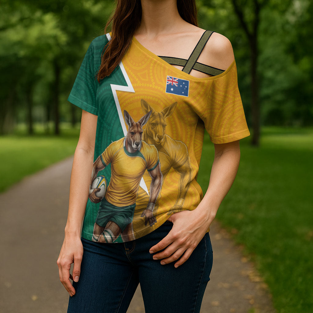 Australia Wallabies Kangaroo Cross Shoulder Shirt Australia Flag And Lightning Bolt - Aboriginal Rugby Mascot
