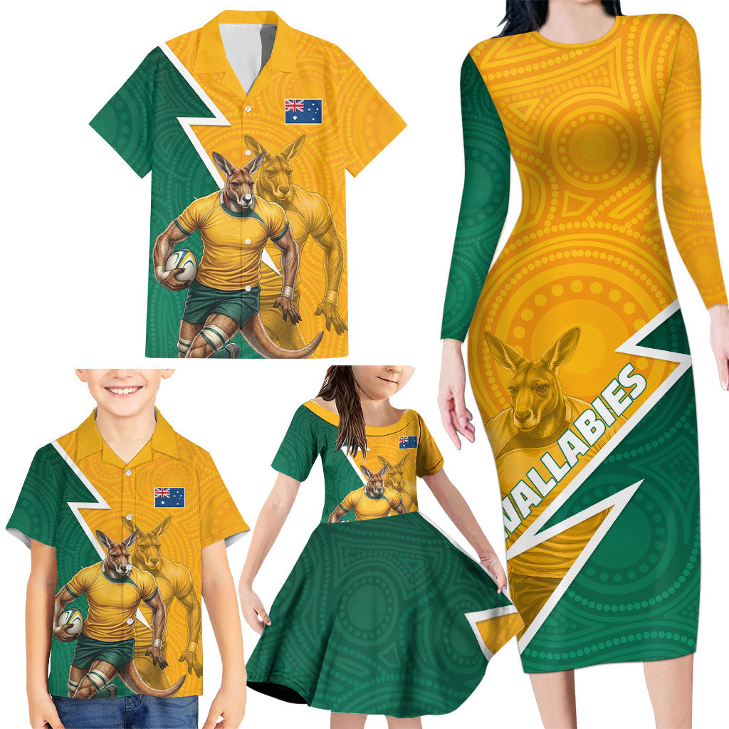 Australia Wallabies Kangaroo Family Matching Long Sleeve Bodycon Dress and Hawaiian Shirt Australia Flag And Lightning Bolt - Aboriginal Rugby Mascot
