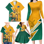 Australia Wallabies Kangaroo Family Matching Long Sleeve Bodycon Dress and Hawaiian Shirt Australia Flag And Lightning Bolt - Aboriginal Rugby Mascot