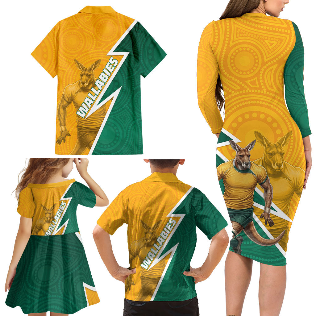 Australia Wallabies Kangaroo Family Matching Long Sleeve Bodycon Dress and Hawaiian Shirt Australia Flag And Lightning Bolt - Aboriginal Rugby Mascot