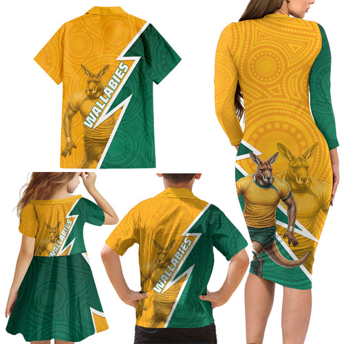 Australia Wallabies Kangaroo Family Matching Long Sleeve Bodycon Dress and Hawaiian Shirt Australia Flag And Lightning Bolt - Aboriginal Rugby Mascot