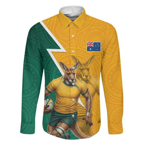 Australia Wallabies Kangaroo Family Matching Long Sleeve Bodycon Dress and Hawaiian Shirt Australia Flag And Lightning Bolt - Aboriginal Rugby Mascot