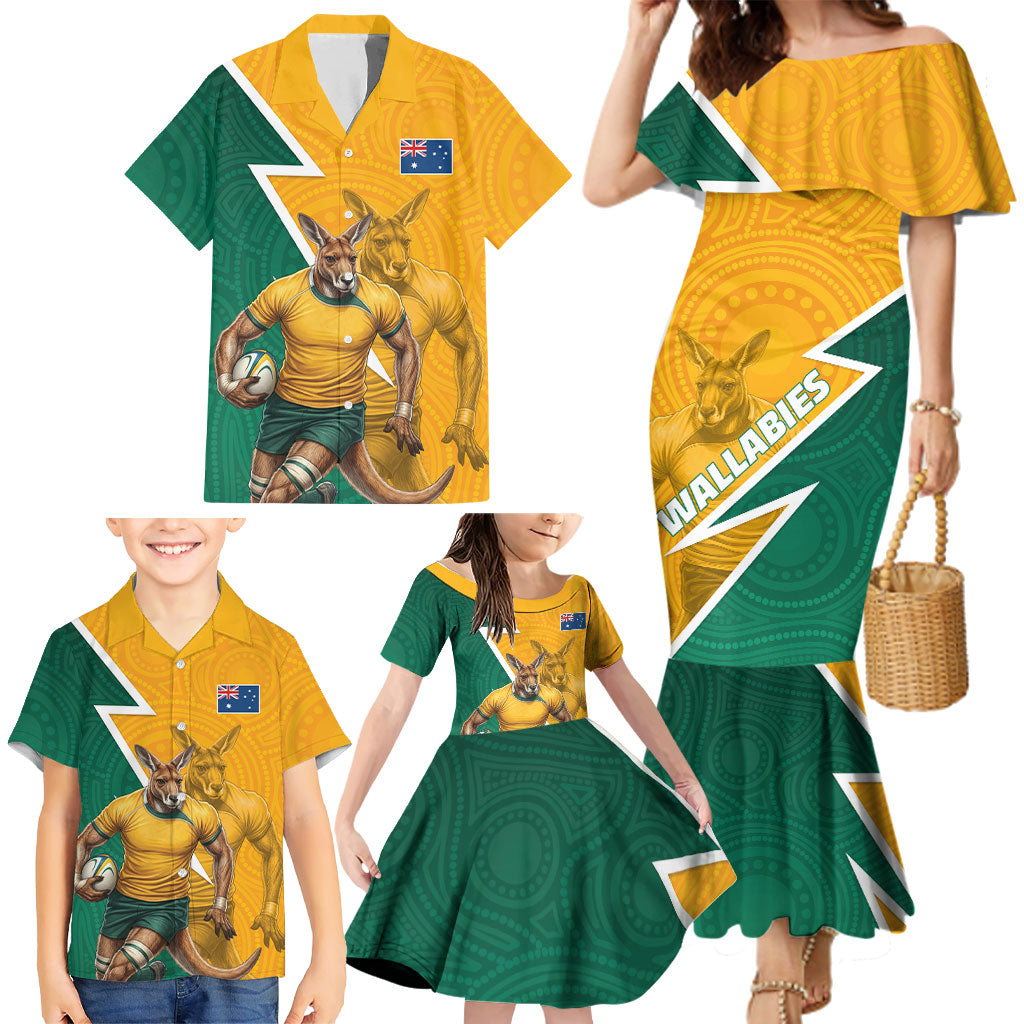 Australia Wallabies Kangaroo Family Matching Mermaid Dress and Hawaiian Shirt Australia Flag And Lightning Bolt - Aboriginal Rugby Mascot