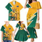 Australia Wallabies Kangaroo Family Matching Mermaid Dress and Hawaiian Shirt Australia Flag And Lightning Bolt - Aboriginal Rugby Mascot