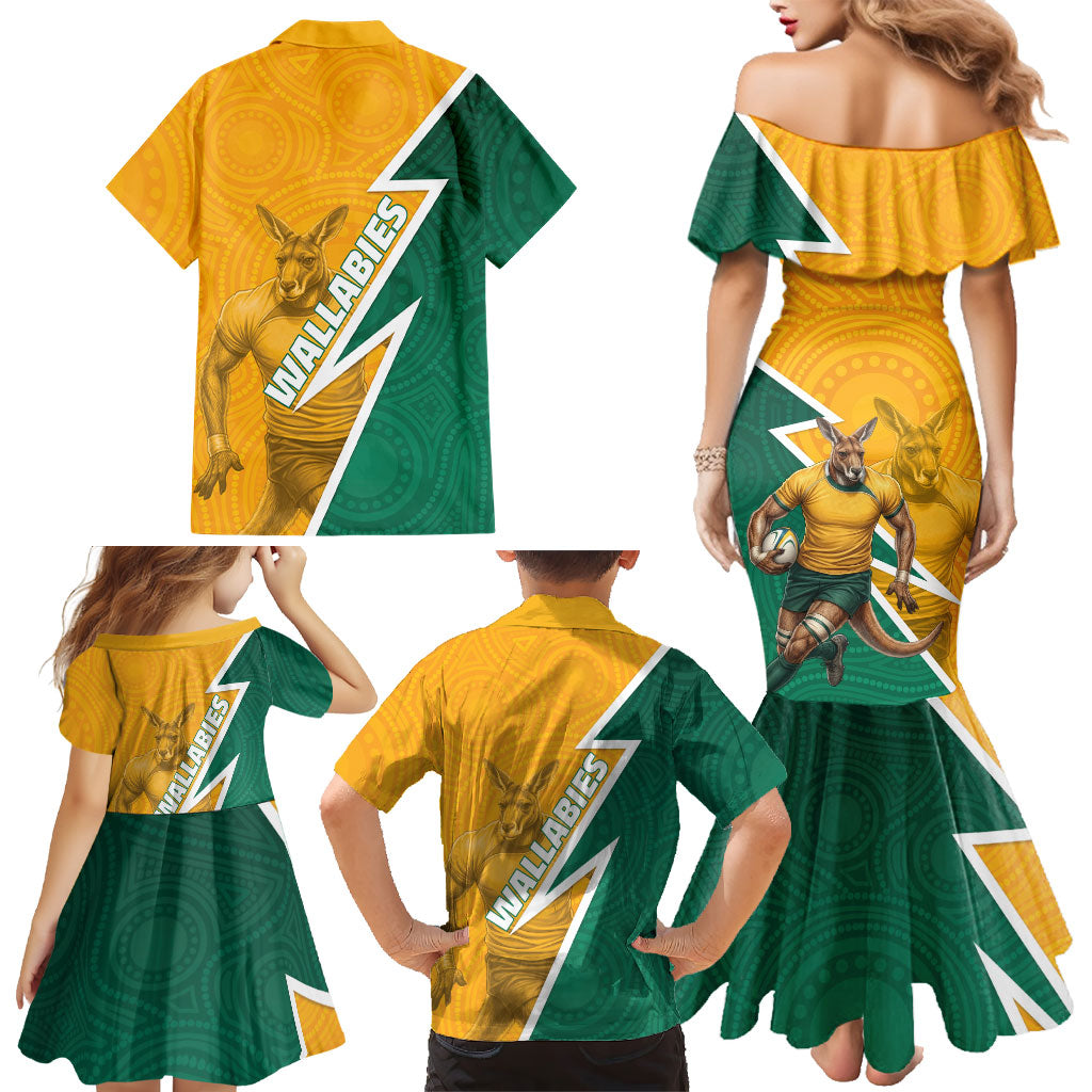Australia Wallabies Kangaroo Family Matching Mermaid Dress and Hawaiian Shirt Australia Flag And Lightning Bolt - Aboriginal Rugby Mascot