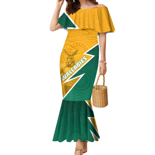 Australia Wallabies Kangaroo Family Matching Mermaid Dress and Hawaiian Shirt Australia Flag And Lightning Bolt - Aboriginal Rugby Mascot