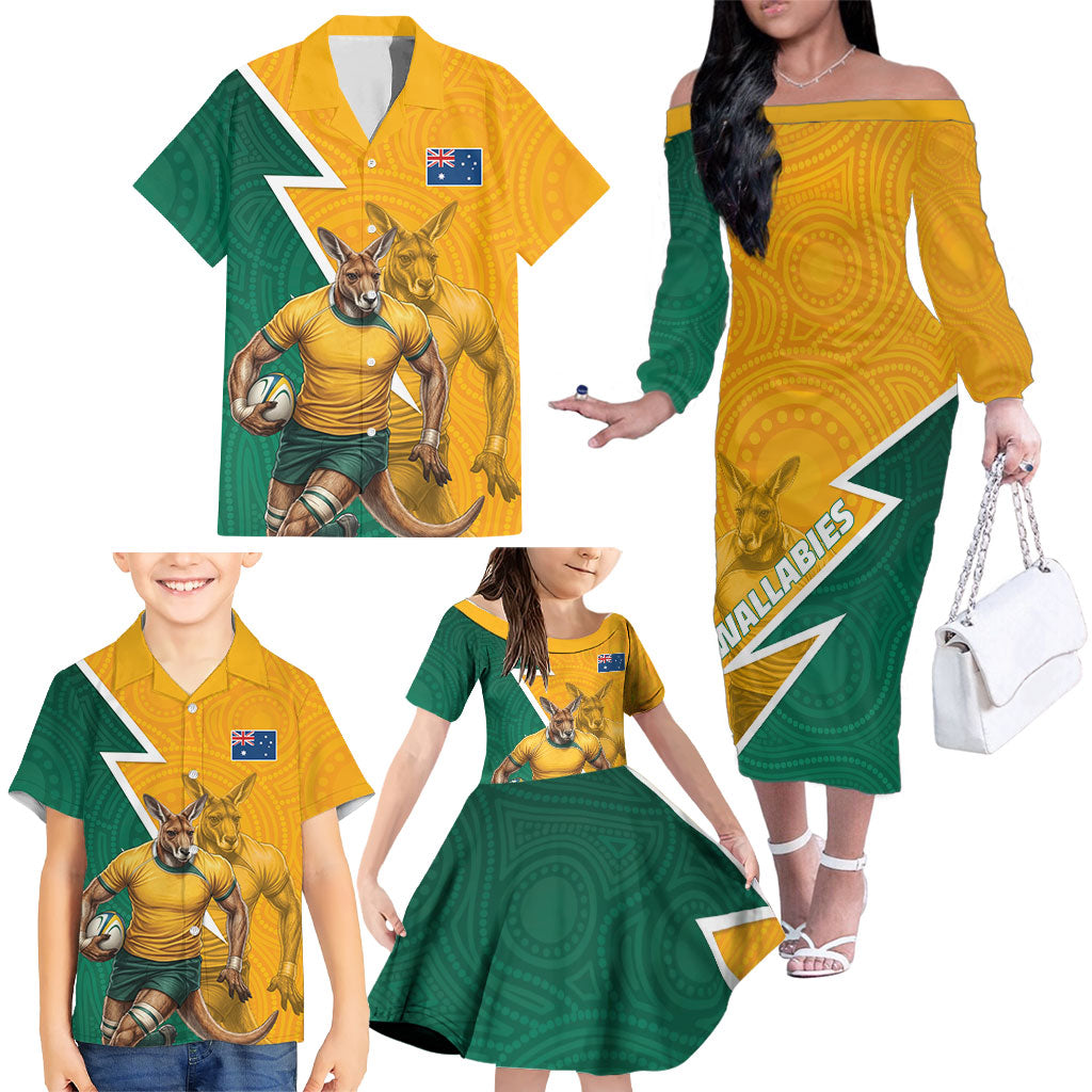 Australia Wallabies Kangaroo Family Matching Off The Shoulder Long Sleeve Dress and Hawaiian Shirt Australia Flag And Lightning Bolt - Aboriginal Rugby Mascot