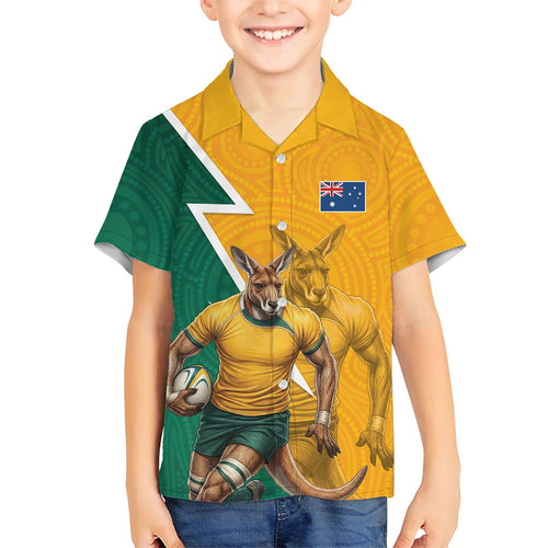 Australia Wallabies Kangaroo Family Matching Off The Shoulder Long Sleeve Dress and Hawaiian Shirt Australia Flag And Lightning Bolt - Aboriginal Rugby Mascot
