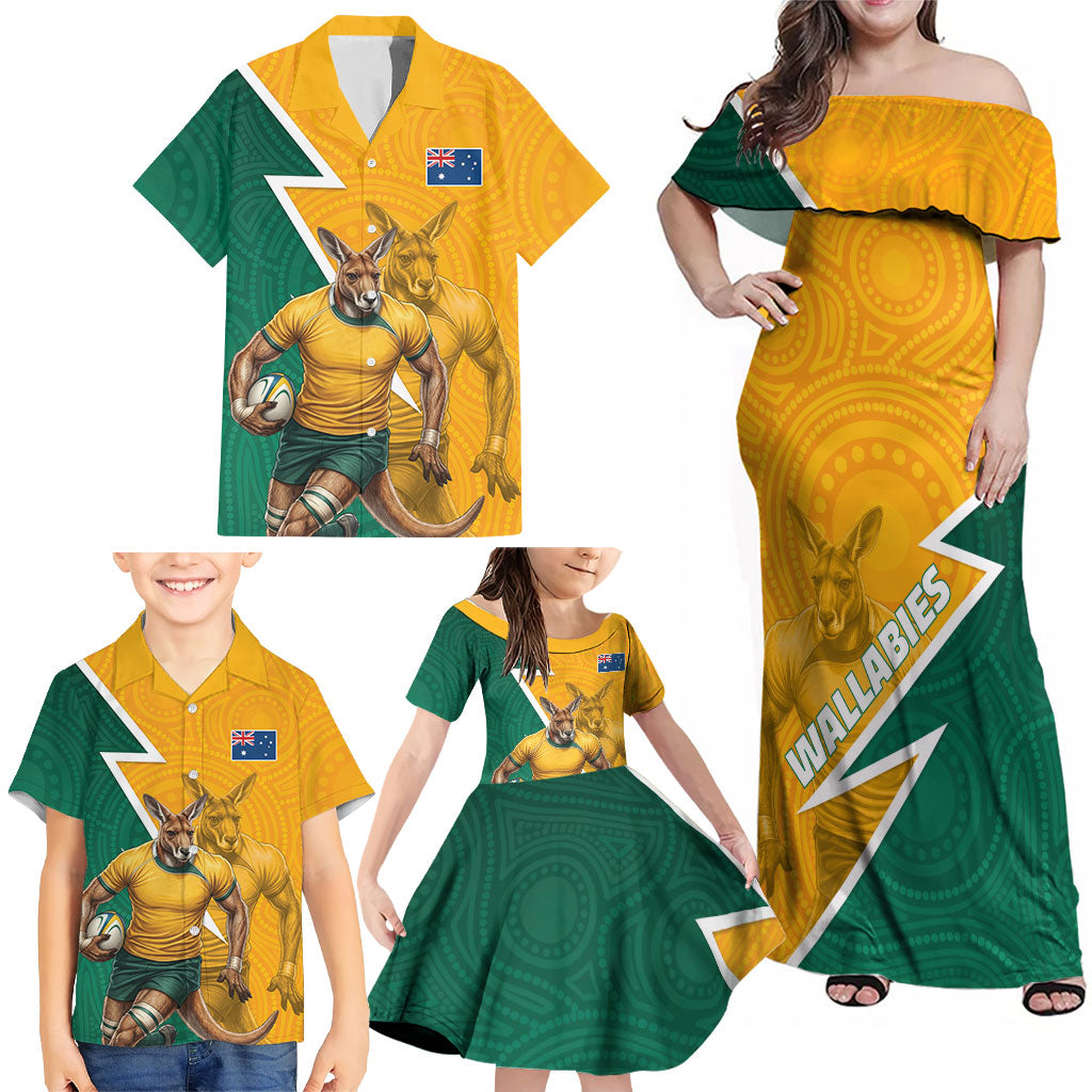 Australia Wallabies Kangaroo Family Matching Off Shoulder Maxi Dress and Hawaiian Shirt Australia Flag And Lightning Bolt - Aboriginal Rugby Mascot