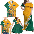 Australia Wallabies Kangaroo Family Matching Off Shoulder Maxi Dress and Hawaiian Shirt Australia Flag And Lightning Bolt - Aboriginal Rugby Mascot