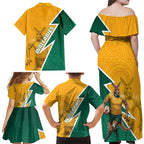 Australia Wallabies Kangaroo Family Matching Off Shoulder Maxi Dress and Hawaiian Shirt Australia Flag And Lightning Bolt - Aboriginal Rugby Mascot